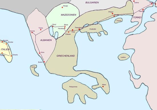 Verlauf der Via Egnatia durch Albanien, Mazedonien, Griechenland und Türkei bis nach Istanbul
