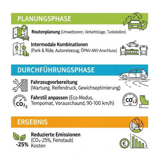 Infografik mit einem Optimierungsschema für umweltfreundliche Autoreisen