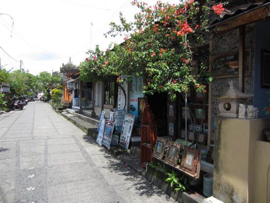 Eine der schönen Künstlergassen in Ubud. Leider ist dies die Ausnahme - die meisten der Galerien und Restaurants liegen an der verkehrsreichen Hauptstrasse.