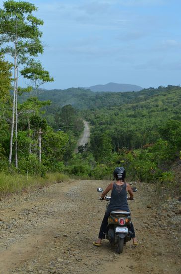 Christel in der Konzentrationsphase, bevor sie die lange, steile Abfahrt auf der Schotterpiste angeht.
