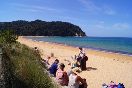 Totaranui Beach im Abel Tasman
Wanderer warten auf ihr Taxiboot