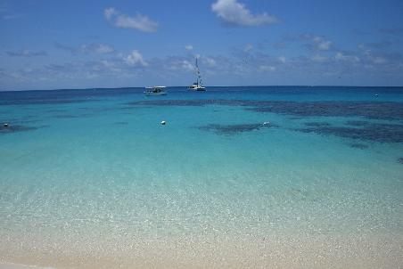 Blick vom Strand des Michaelmans Cay im Great Barrier Reef auf die Korallen und das Meer