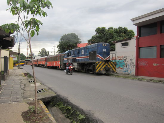 ...seit ein paar Jahren gibt es aber eine kurze Strecke von San José ein paar Kilometer in den Norden. Die Schienen führen direkt durch die Stadt und damit der Zug nicht übersehen wird, hupt er einfach ununterbrochen während der Fahrt