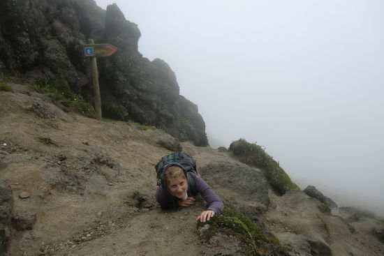 ...um uns dann die letzten Meter hochzuschleppen. Die Höhenluft macht uns Schwarzwaldkindern doch zu schaffen, weshalb wir alle paar Meter Pause machen mussten und eigentlich schon lange an Umdrehen gedacht haben, aber der Ehrgeiz war doch zu groß. Leider haben wir die verbleibende Zeit nie einschätzen können, weil es so neblig war und die aufgestellten Kilometerschilder absolut willkürlich waren.