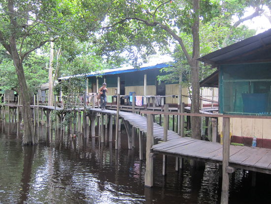 Das Dschungelcamp: In der Regenzeit steht das Camp unter Wasser, weshalb die Hütten auf Stelzen gebaut sind.