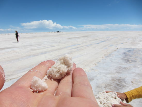 Der Salar de Uyuni ist mit einer bis zu 7 Meter dicken Schicht aus Salz bedeckt. Mit einer Länge von 140 km und einer Breite von 110 km stellt er der größte Salzsee der Erde dar. Dass man sich auf einem See befindet nimmt man gar nicht wahr, denn soweit das Auge reicht sieht man nur diese blendend weiße Salzfläche.