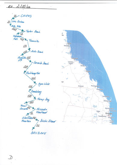 meine selbst erstellte Route von Cairns nach Brisbane mit einigen Stationen an der Ostküste