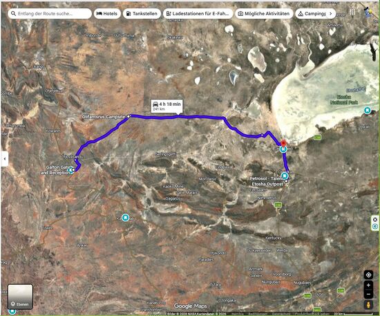 Diesen Weg nehmen wir uns für heute vor. Abends könnten wir, wenn nötig, zum Tanken mal nach Süden rausfahren und dort vielleicht auch übernachten.