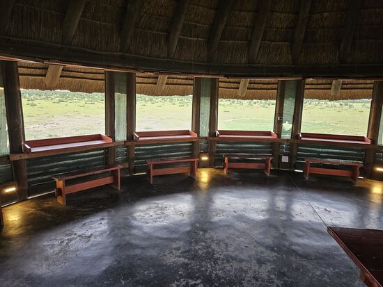 Von einem Aussichtsstand über einer Wasserstelle können die Gäste 30 verschiedene Tierarten hier beobachten. Wir kommen wohl zu spät, sind aber auch die einzigen Besucher hier.