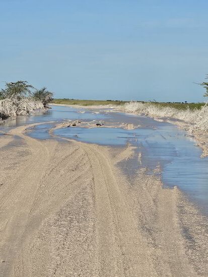 Vor ein paar Tagen hat es hier mehrere Gewitter gegeben. Manche Straßen sind unbefahrbar geworden, aber hier soll man noch durch können.....