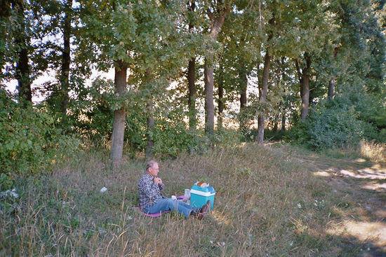 Picknick am Rande eines Knicks, der hier die Ausmaße eines Waldstreifens hat