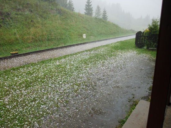 Zwischen den Gleisen staut sich das Wasser. Die Wiesen nehmen ein winterliches Bild an. Nur brüllend können wir uns im Wartehäuschen verständigen, so laut prasselt es aufs Dach.