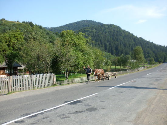 Zum Verkehrsaufkommen zählen auch Pferdefuhrwerke. der entgegenkommende Radfahrer wird freundlich gegrüßt!