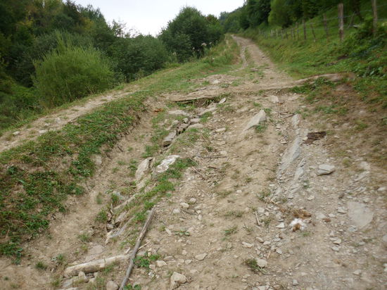 Ein Blick auf den Tacho: 9 km habe ich schon geschafft, 12 km sind es noch bis Ust-Corna. Und Ust-Corna liegt im nächsten Tal, da müßte ich ja eigentlich schon fast auf der Paßhöhe sein. Aber hier wird selbst das Schieben zur Qual. Wäre doch nur nicht das verfluchte Gepäck !