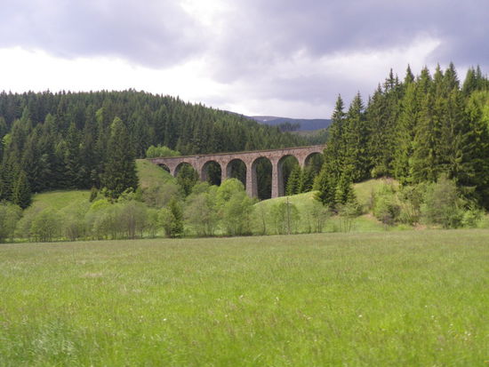 Die Bahn verläuft parallel zur Straße, macht sich den Weg durch den Berg aber mit zwei Tunnels und einer Talbrücke bequemer.
