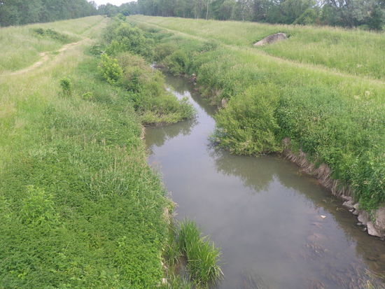 Hoch eingedeichte Wasserläufe. Bei dem geringen Gefälle müssen sie viel Wasser aufstauen können, das in trockenen Zeiten zur Bewässerung dienen kann