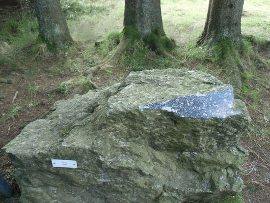 Eine Musterschau aller Granitarten, die hier vorkommen, an einer Fläche angeschliffen mit einem Schild, das die Entstehung erklärt