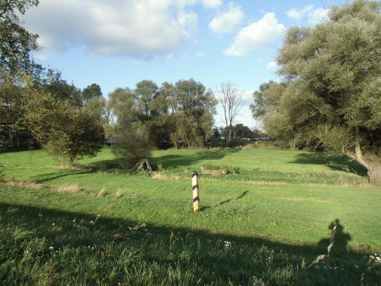Wiesen und Grenzpfähle begleiten uns auf der Westseite am Weg weiter bis Guben.