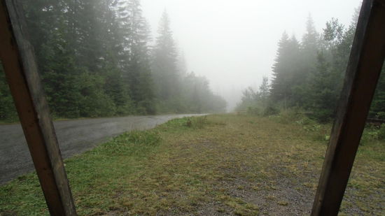 Auf dem Weg laufen wir mit dem abfließenden Regenwasser um die Wette. Einziges Erfolgserlebnis: Wir sind schneller. Aber das Wasser an unserer Kleidung findet Wege nach innen, die uns gar nicht gefallen.
