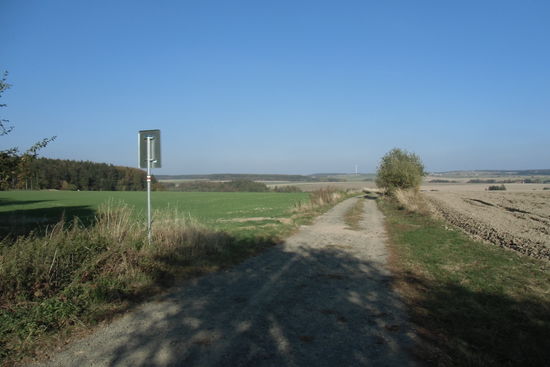 Fernradweg mit vierstelliger Nummer und Vorwegweiser, nur leider zerfahren, holprig und teils zugewachsen.