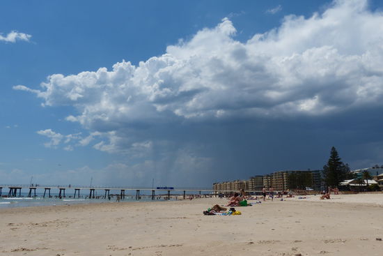 am strand von adelaide, ein gewitter zieht auf und alle bleiben liegen. bei 35 grad ist man eben entspannter. und es zog dann doch vorbei ( wahrscheinlich wissen das die locals hier ....)