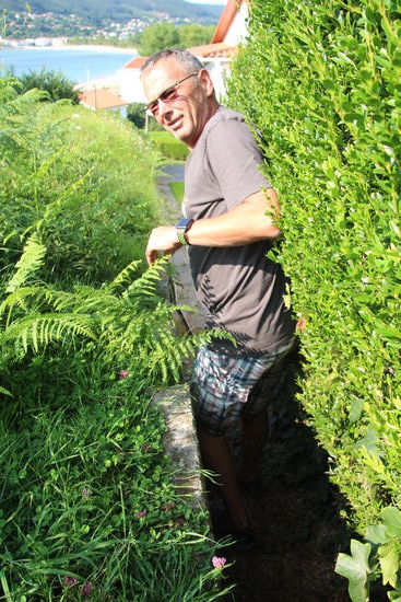 Eine Abkürzung nach unten geht an einem Haus - zwischen einer hohen Hecke und Mauer vorbei. Allerdings mit Übergewicht nicht passierbar 