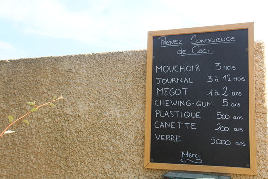 Dieses Schild steht am Ausgang vom CP Richtung Strand. Zunächst frage ich mich, ob es sich hier um Haftstrafen handelt für das Wegwerfen von Müll. Aber spätestens bei "500 Jahren für Plastik" komme ich ins Grübeln. Vermutlich ist das eine Auflistung, wie lange es dauert, bis diese Müll-Artikel verfallen  
Der Strand hier ist auf jeden Fall wesentlich sauberer als die Strände, die ich in Spanien und Portugal sah.