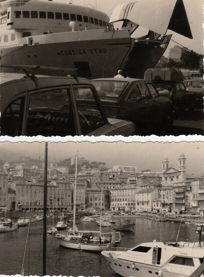 oben: beim Einschiffen - damals noch keine "Camping-Weißware" am Start. 
unten: Bastia alter Hafen