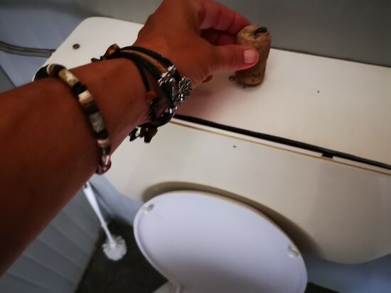 auch die Clospülung in Form eines Flaschenkorkens ist durchaus praktikabel  und funktioniert genauso wie in einer Flasche: einfach ziehen - geht hier im Übrigen auch ohne Korkenzieher
