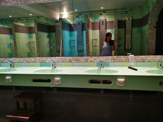 und die gegenüber liegende Seite mit den Waschbecken und der Riesen-Spiegelfläche - "wegschauen" unmöglich