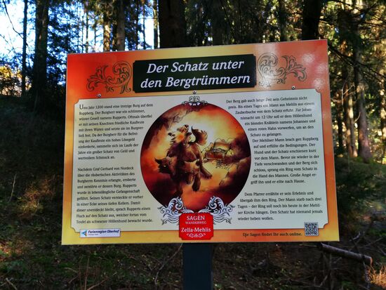 "...Am nächsten Tag wurde die Burg erobert und vollständig zerstört. Kein Stein blieb auf dem anderen. Rupperts wurde in lebenslängliche Gefangenschaft geführt. Im Burgverließ des Grafen Nordeck fand er nach Jahren den Tod, ohne das Licht des Tages wieder gesehen zu haben. Niemand hatte seinen Schatz gefunden. Der lag wohlversteckt tief im Ruppberg und wurde vom Teufel wohlbehütet...."
LUST AUF MEHR? hier:
https://tourismus.zella-mehlis.de/entdecken-erkunden-zella-mehlis/wussten-sie-schon/sagen