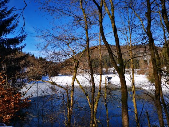 Blick auf den kleinen Staudamm, hinter dem die Vorsperre Schleusegrund ist.