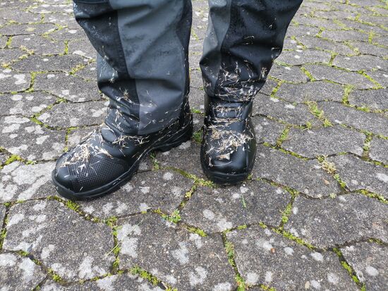 Motorradstiefel, die durch die nasse Frühlingswiese liefen