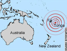 Tsunamiwarnung fuer Fiji - in den roten Kreisen ist nicht so gut