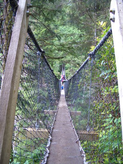 Bettina auf der Haengebruecke ueber einer Schlucht.