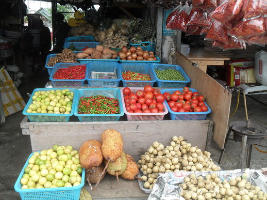 vorne in der Mitte liegt die Durian, auch Stinkefrucht genannt; wir moegen sie eh nicht, aber ist die mit Schimmel dran ueberhaupt noch essbar???
Rechts daneben, den Namen haben wir vergessen, die schmecken fast wie Litschies - aber noch besser