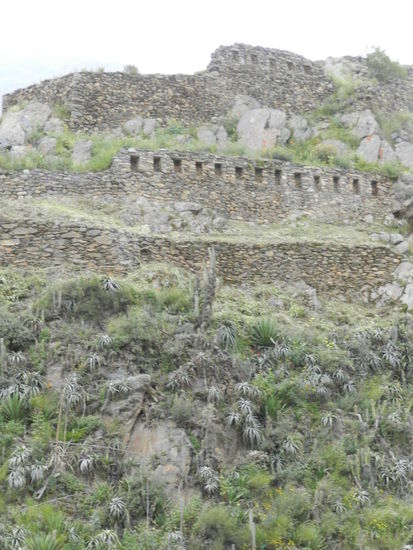 Hoch auf den Berg ziehen sich die Terassen und Bauten der Inkas