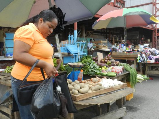 Prall gefüllter Einkaufsbeutel am Gemüsestand