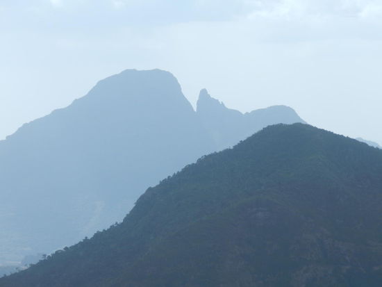 Blick auf den Urwald und die im Dunst liegende Berglandschaft im Nationalpark