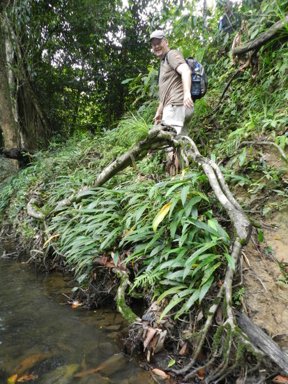 Den Fluß durchquert und dann den matschigen Weg hoch. Gutes Schuhwerk machte sich bezahlt, vom Tropen-T-Shirt der Bundeswehr war ich eher enttäuscht.