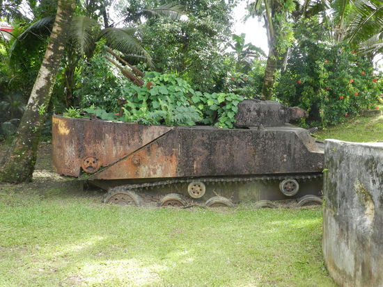 Japanischer Schwimmpanzer, halb im Schlamm versunken, im bunkerdurchzogenen alten Regierungsviertel Korors