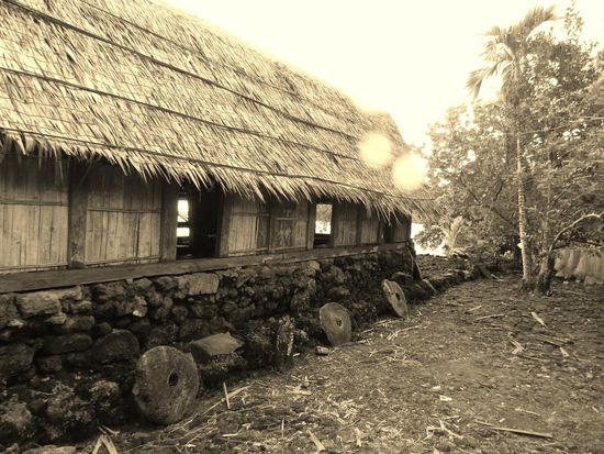 Das "men´s-house" ist Treffpunkt der erwachsenen Männer eines Dorfes und hier werden die Gemeinschaftsentscheidungen getroffen. Das Foto wurde wegen des grellen Gegenlichtes eigentlich nichts, aber mit der s/w-Sepia-Funktion ist es noch ganz ordentlich geworden.