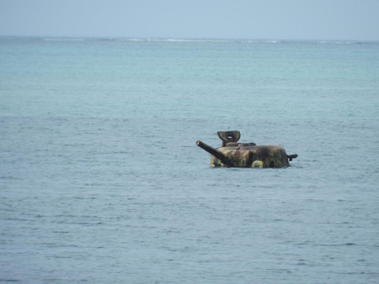 Zwei amerikanische Sherman-Panzer aus der Zeit der Invasion 1944 sind vom Strand aus zu sehen; ihre Türme ragen aus dem Wasser, ein interessantes Ziel für Schnorchler