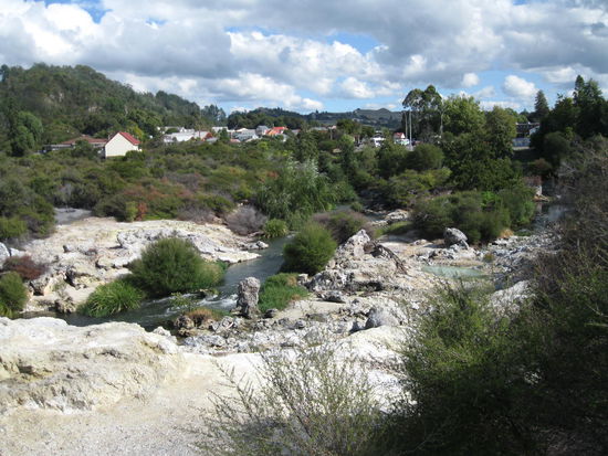 im Hintergrund: Whakarewarewa Maori Dorf