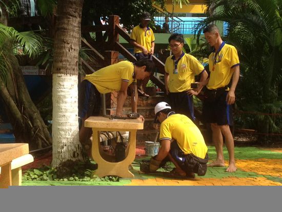 Man beachte das Schuhwerk! Hier beim Flexen und Schweissen am Beckenrand. Einer arbeitet und die anderen schauen zu.
