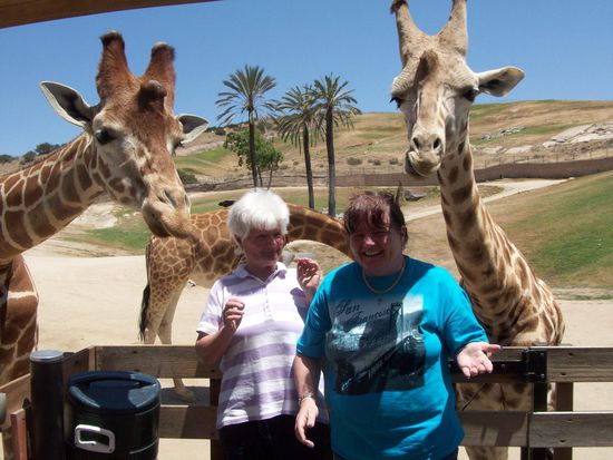 Mutter und Eva beim Füttern der Giraffen