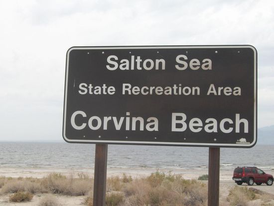 Am Salton Sea - eine öde und triste Gegend. Das große Becken mit dem See in der Mitte ist die größte, zusammenhängende, Landfläche unter dem Meeresspiegel und der See hat um 50% mehr Salzgehalt als das Meer.