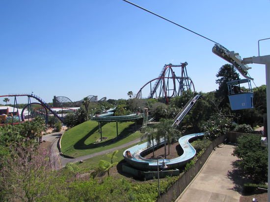 Rollercoaster und Wasserrutsche von der Seilbahn aus gesehen
