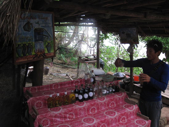 Am Schluss der Kayaktour geht's noch ins "Whiskey Village". Mit Whiskey hat das, was die dort aus vergorenem Reis zusammenpanschen aber nichts zu tun.
Die in Suedostasien ueblichen Flachmaenner mit eingelegten (echten!) Schlangen und Skorpionen gibt es hier natuerlich auch.