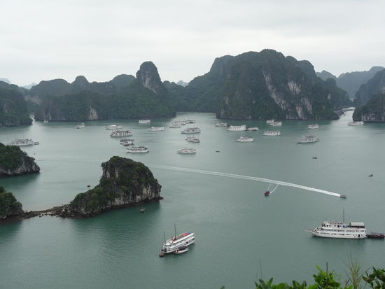 Blick in die Halong Bay und auf einem dieser Schiffe haben wir genaechtigt.